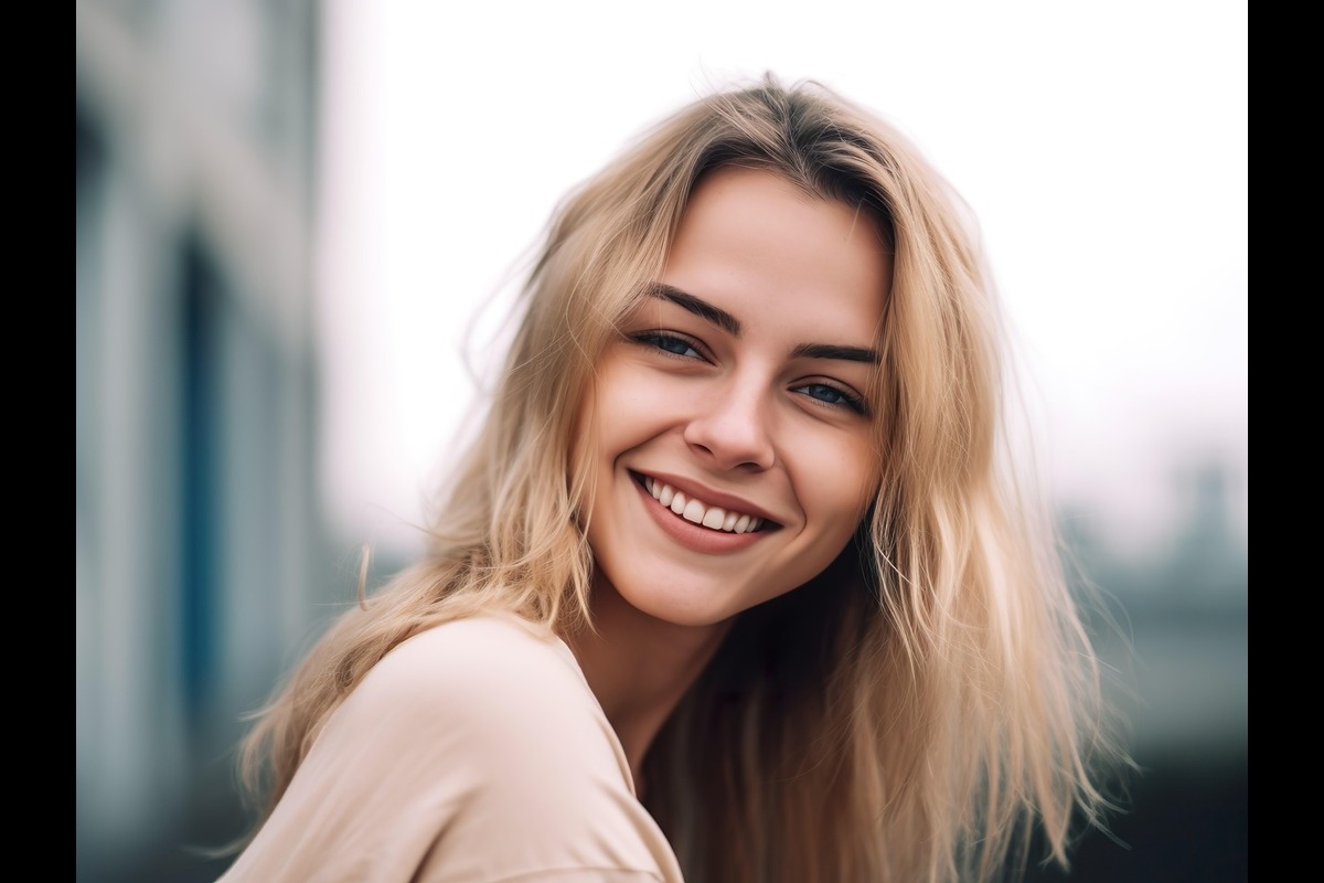 Portrait of a smiling person with long, light-colored hair, set against a softly blurred urban backdrop. The natural lighting and shallow depth of field highlight the subject’s joyful expression and relaxed vibe